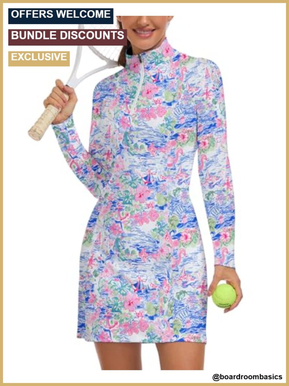 Women's Long Sleeve Tennis Dress with Shorts Zip Front Golf Athletic UPF 50+